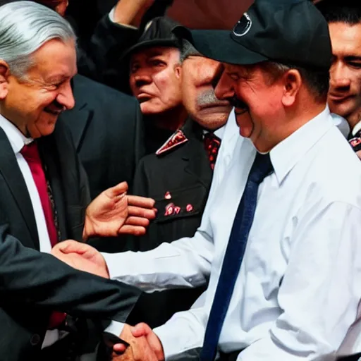 Prompt: Andres Manuel Lopez Obrador shakes hands with Hitler