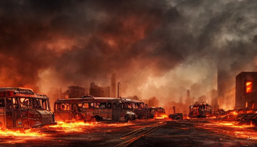 Prompt: A detailed render of a post apocalyptic scene of Fire and explosions on the 3rd precinct, burned down city buses on fire, sci-fi concept art, lots of fire, panic, dark, clouds, 8k, high detail, advanced rendering whimsically designed art, 4k post-processing highly detailed, Soft illumination