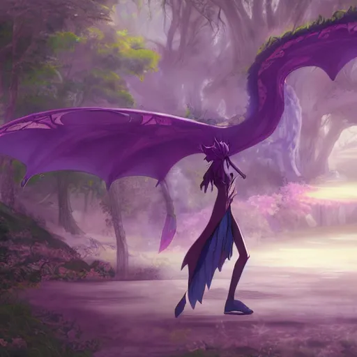 Image similar to concept art painting of an anthropomorphic purple anime anthro dragon, in the deep forest, realistic, detailed, cel shaded, in the style of makoto shinkai and greg rutkowski and james gurney