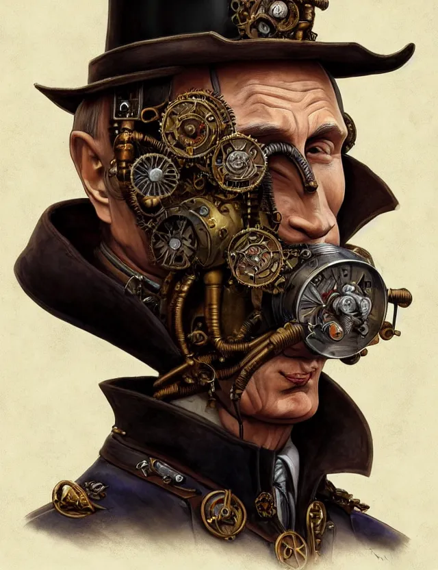 Image similar to a portrait of vladimir putin in a steampunk style, by moebius and tyler edlin and hr giger, trending on artstation, digital art, 4 k resolution, detailed, high quality, sharp focus, hq artwork, coherent, insane detail, concept art