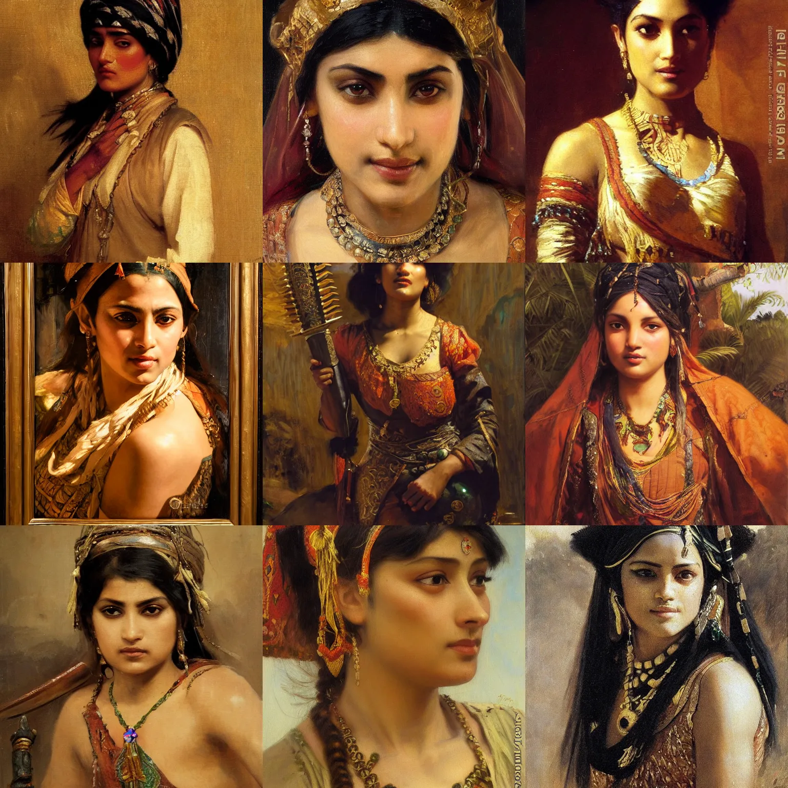 Prompt: orientalism painting of a confident pakistani bandit princess face detail by theodore ralli and nasreddine dinet and anders zorn and edwin longsden long, bronze age, sword and sorcery, oil on canvas, masterful intricate artwork, excellent lighting, high detail 8 k