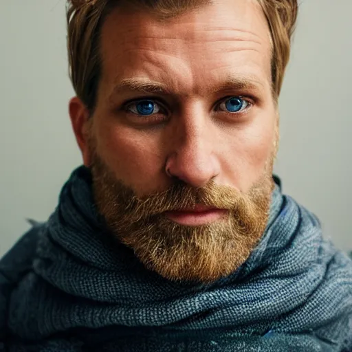 Image similar to close up of face of 4 0 year old anglo slavic - hebrew blond man with blond stubble, very short wavy blond hair in a short pompadour style, very dark blue eyes, portrait, 4 k