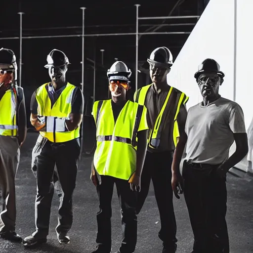 Prompt: black, shadowy, tall figures wearing construction hats