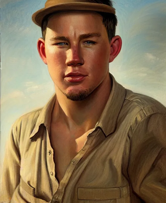 Prompt: portrait of channing tatum as an mississippi farm boy, art by denys tsiperko and bogdan rezunenko and george caleb bingham, hyperrealism