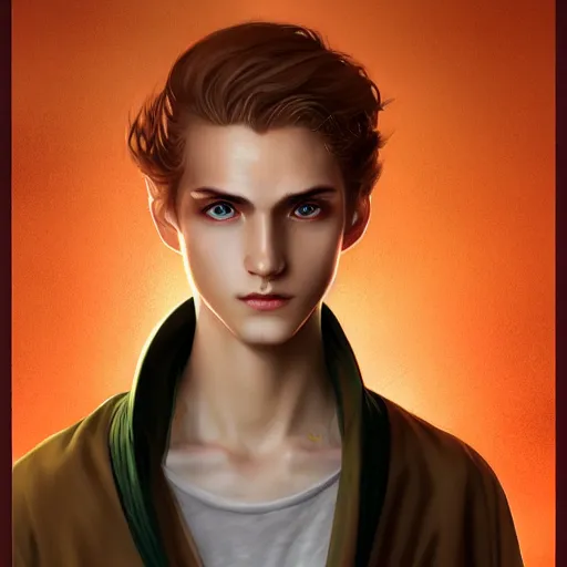 Prompt: colorful Captivating teenage boy with brown blond hair and thin facial structure, brown eyes with red eye markers, slim body, wearing a detailed Japanese kimono with golden details, atmospheric lighting, painted, intricate, 4k, highly detailed by Charlie Bowater