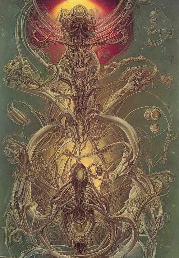 Image similar to simplicity, elegant, colorful muscular sci - fi eldritch, flowers, astronauts, radiating, mandala, psychedelic, outer space, shadows, by h. r. giger and esao andrews and maria sibylla merian eugene delacroix, gustave dore, thomas moran, pop art, giger's biomechanical xenomorph, art nouveau