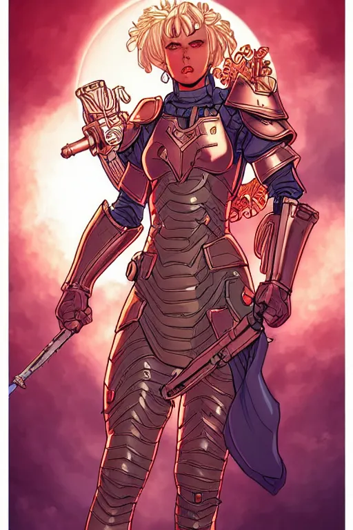 Image similar to comic cover art of a stunning female paladin wearing copper armor, inspired by gunsmith cats and tank girl, illustration by jenny frison and sana takeda, intricate details, stunning inking lines, stunning gradient colors, 4 k, hd, artstation