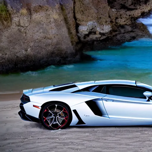 Image similar to A beautiful silver Lamborghini aventador on the beach, 8k, ray tracing reflection