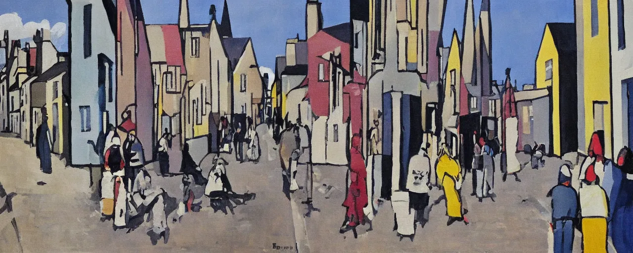 Image similar to a painting of street life in kirkwall orkney, by Bridget Riley