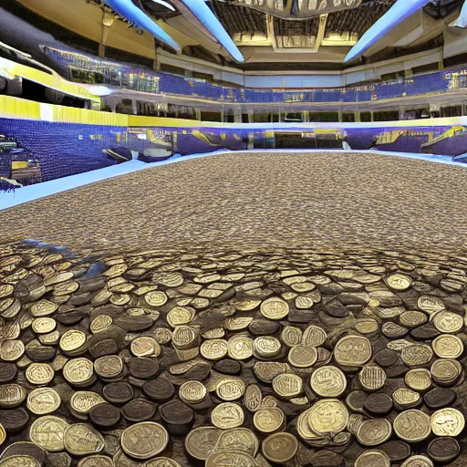 Image similar to An indoor stadium filled 6 feet deep with coins, HDRI, 4K, ultra-high resolution, AP News photo