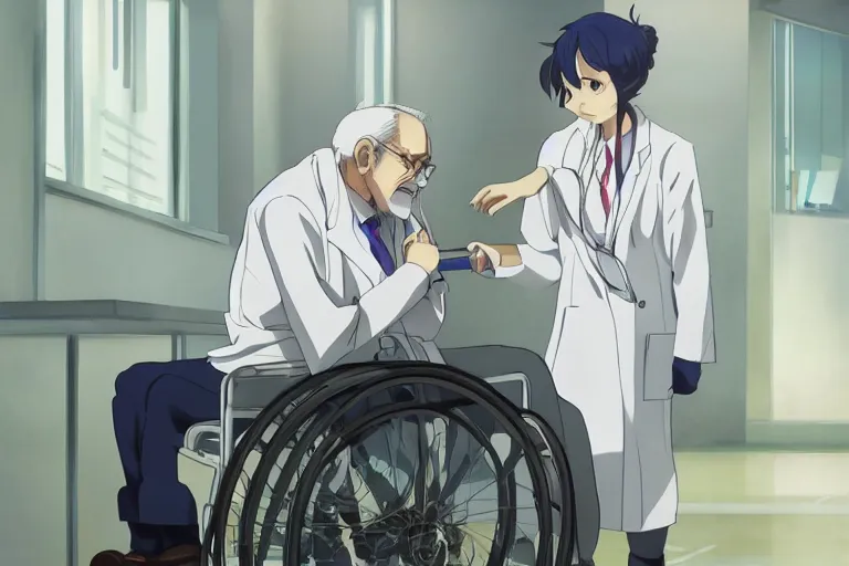 Prompt: a cute young female doctor wearing white coat, an old man of 80 years in a wheelchair, hospital ward, slice of life anime, cinematic, realistic, anime scenery by Makoto shinkai