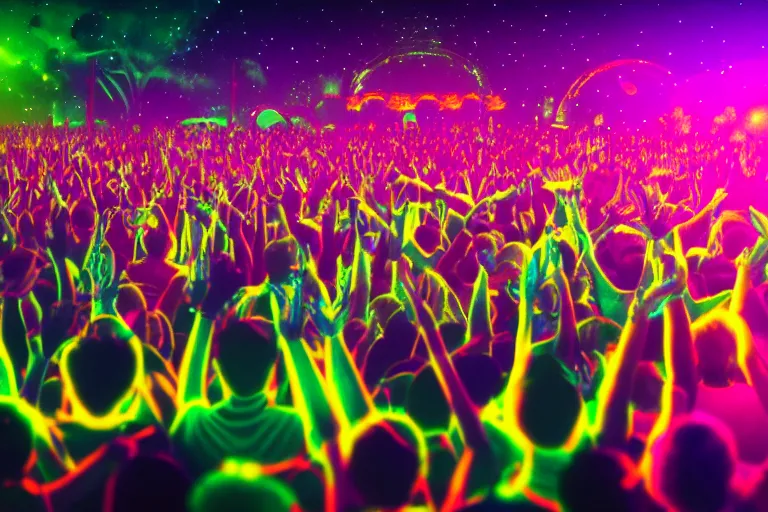 Image similar to crowd partying with their hands up at a festival, silhouette, moving heads light beams, light show, digital art, vivid colors, trending on artstation, 4k, unreal engine, intricate, ornate