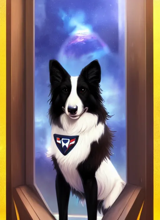 Image similar to wide angle beautiful full body portrait of a cute male anthropomorphic border collie fursona wearing a starfleet uniform on a starsheep and posing in front of a window, character design by charlie bowater, henry asencio, and ross tran, furry art, furaffinity, scenic background, beautiful, glamor pose, detailed, trending on artstation