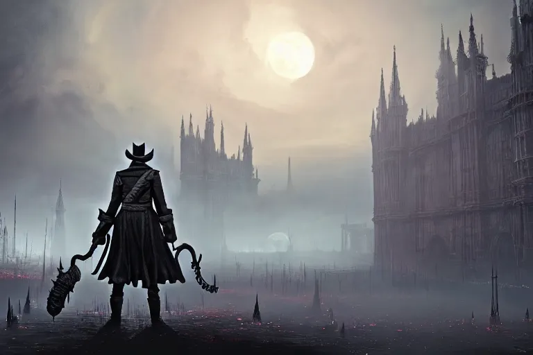 Image similar to an ultra matte painting of a big daddy in the style of bloodborne, concept art by art by john collier and albert aublet and krenz cushart, scary shadows, blood moon eclipse, octane render, liminal space