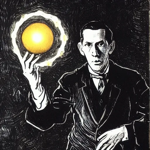 Prompt: h p lovecraft holding up an glowing orb of malice, it radiates dark, eldritch energy, detailed in the style of vincent van gogh