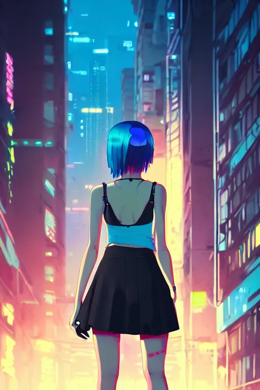 Prompt: digital illustration of cyberpunk pretty girl with blue hair, wearing a short mini skirt and tank top, in city street at night, by makoto shinkai, ilya kuvshinov, lois van baarle, rossdraws, basquiat