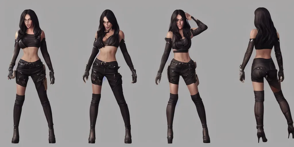 Image similar to character sheet of Megan Fox dressed like Caitlyn in the game League of Legends, with a background based on the game League of Legends, 3d render, octane render, iRay, ray tracing, realistic, highly detailed, trending on artstation, 4k, cgsociety, unreal engine 5, redshift render, blender cycles, behance, cg