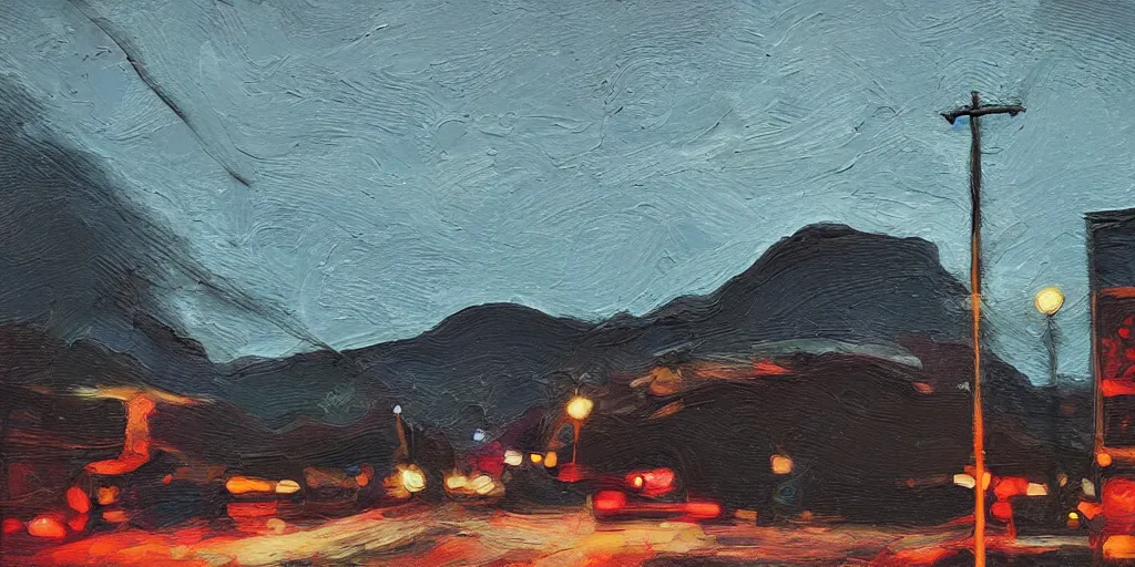 Image similar to IMPASTO!!! painterly, ((messy)), ominous! landscape of north bend, washington main street, dark, lonely!! stop light glowing, twin peaks, 'lone dark figure'!!