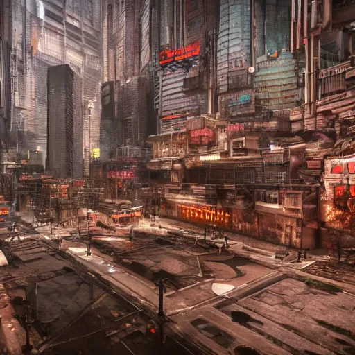 Image similar to photograph of a dystopian city, cyberpunk style, inspired by kowloon walled city, render, octane render, unreal engine, 4 k, dramatic composition