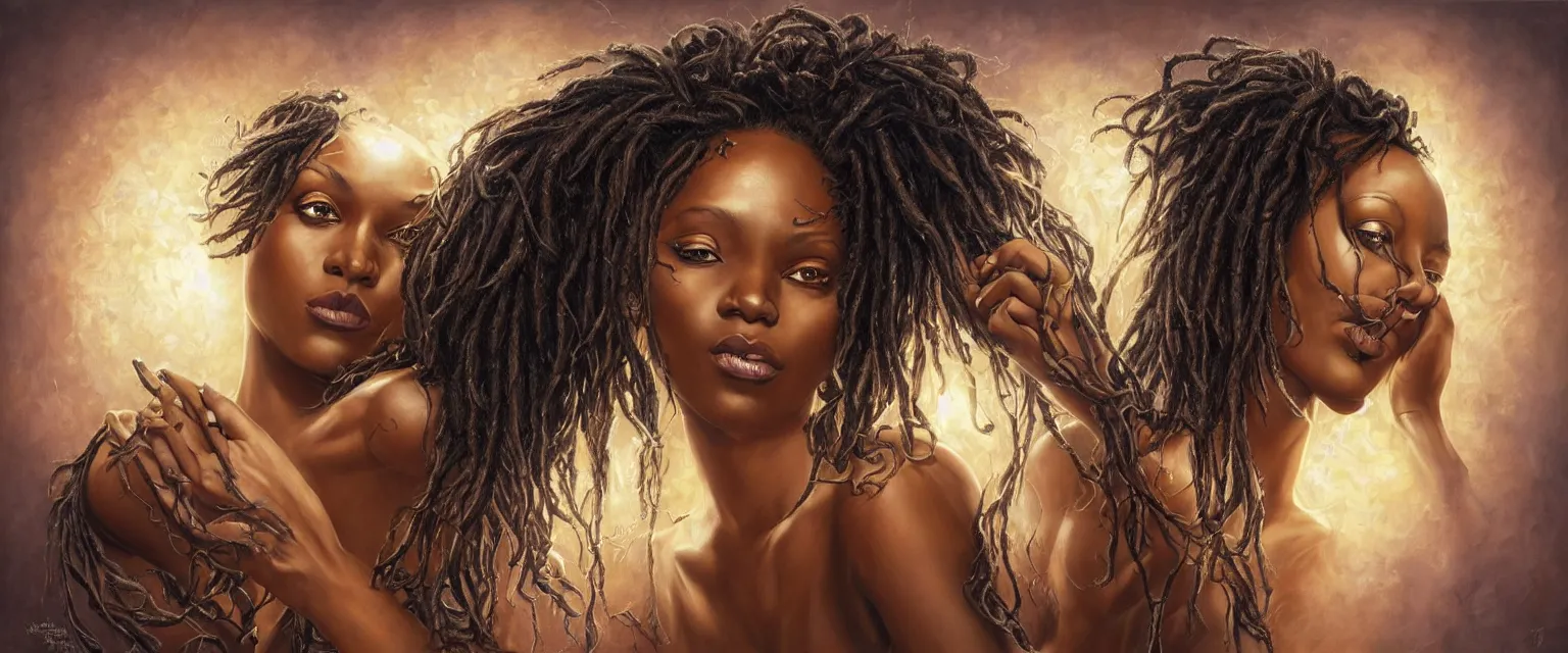 Image similar to a highly detailed symmetrical full body painting of a dark skinned beautiful black woman washing dreadlocks in dynamic lighting, ambient lighting, deviantart, art by artgerm and karol bak and mark brooks h