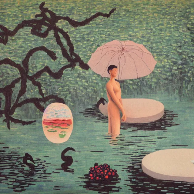 Image similar to painting of flood waters, zen, a tall catgirl art student, a river flooding inside, art supplies, pigs, ikebana, water, river, rapids, waterfall, black swans, canoe, pomegranate, berries dripping, acrylic on canvas, surrealist, by magritte and monet