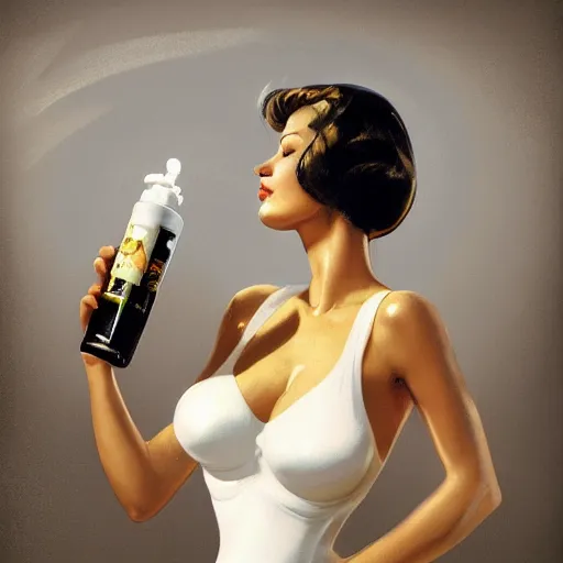 Image similar to concept art of a magic nutritional supplement in a bottle filled with white ivory liquid, black top, by gil elvgren, white tones, white background, digital painting, artstation, concept art, smooth, sharp foccus ilustration hq