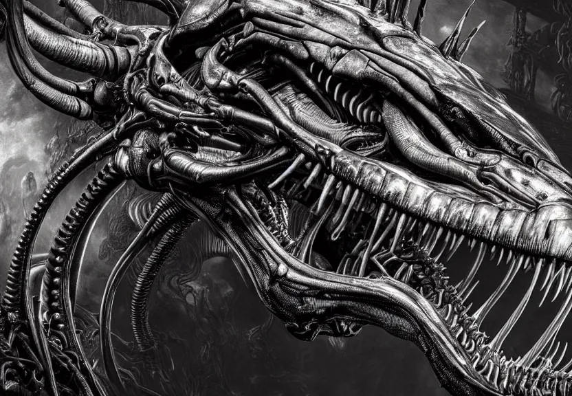 Prompt: extremely detailed. a gem tone cybernetic tyrannosaurus rex engine. iridescent biomechanical giger ’ s xenomorph. the thing. detailed and intricate environment, hyperrealism, black background, detailed and intricate environment, reflective, dynamic lighting, rembrandt, 8 k