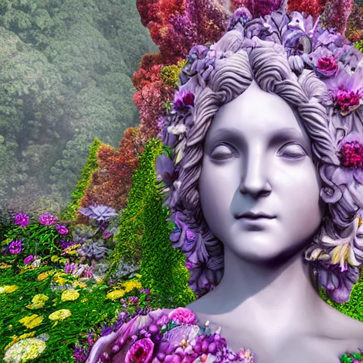 Image similar to an idealistic marble statue with flowery hair in a fractal garden, unreal engine, 8k render, beautiful, full frame,