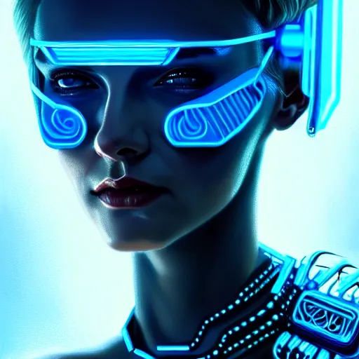 Prompt: woman with extremely large and intricate haircut with friendly blue eyes and slim features looking askance, eye cyberpunk bionics, retro futurist style, intricate, elegant gleaming jewelry, angelic halo, highly detailed, digital painting, artstation, concept art, smooth, sharp focus, illustration, art by wlop, mars ravelo and greg rutkowski,