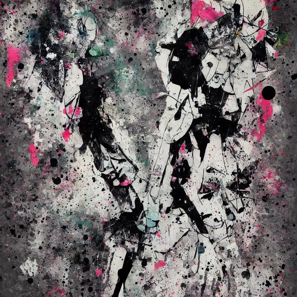 Image similar to girl figure, abstract, jet set radio artwork, ryuta ueda artwork, cryptic, rips, spots, asymmetry, stipple, lines, splotch, color tearing, pitch bending, stripes, dark, ominous, eerie, hearts, minimal, points, technical, old painting, natsumi mukai artwrok, folds