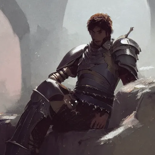 Prompt: 'A human male paladin in chainmail is resting after a fight, art by Greg Rutkowski, 4k'