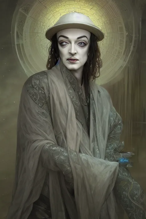 Prompt: portrait of boy george as dream of the endless, the sandman, grey clothes, in persian temple wet night, sci - fi and fantasy, intricate and very very beautiful and elegant, highly detailed, digital painting, artstation, concept art, smooth and sharp focus, illustration, art by tian zi and wlop and alphonse mucha