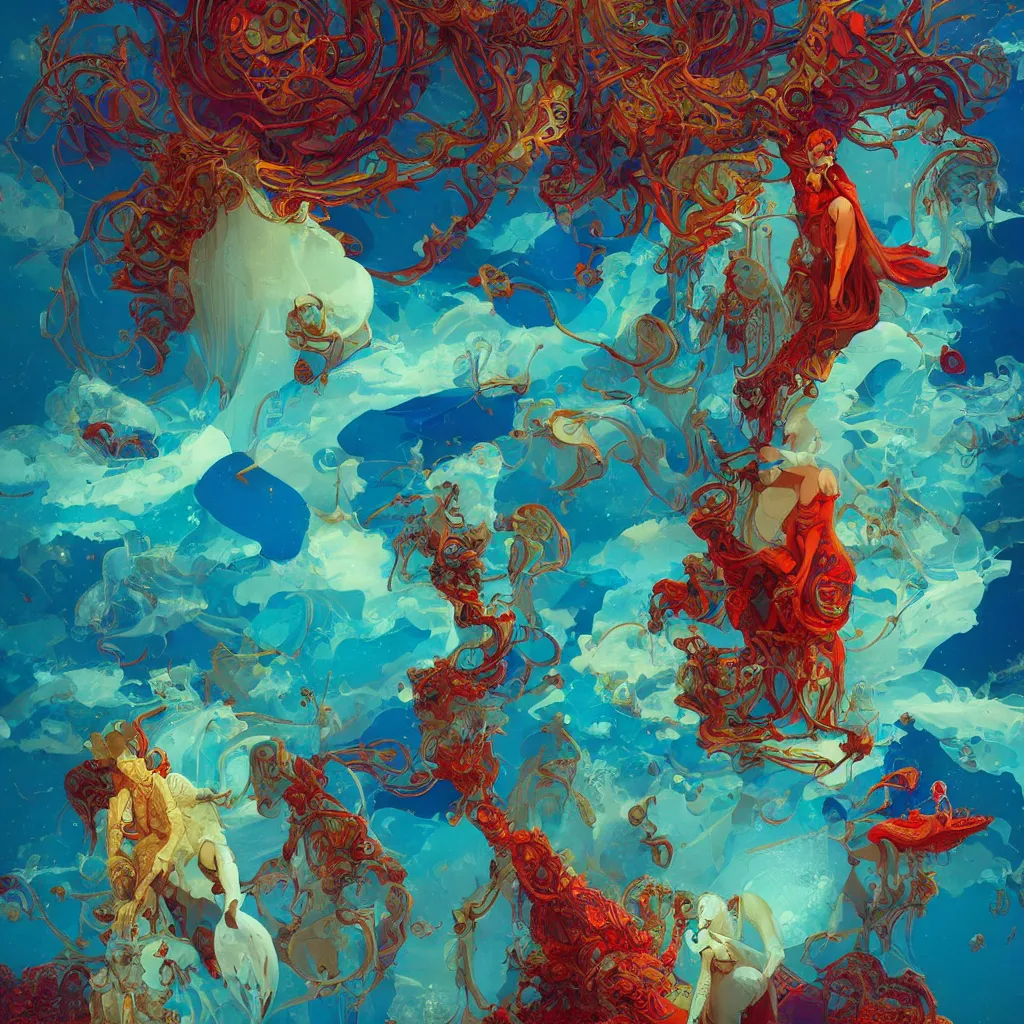 Image similar to colourful breathtakingly weird beautiful powerful magical wonderfully majestic beautifully cool character by michael whelan and moebius and beeple and kilian eng and dan mcpharlin and pascal blanche and jamie hewlett and richard dadd, symmetrical, magical stormy reflections, smoke on water, 8 k artstation