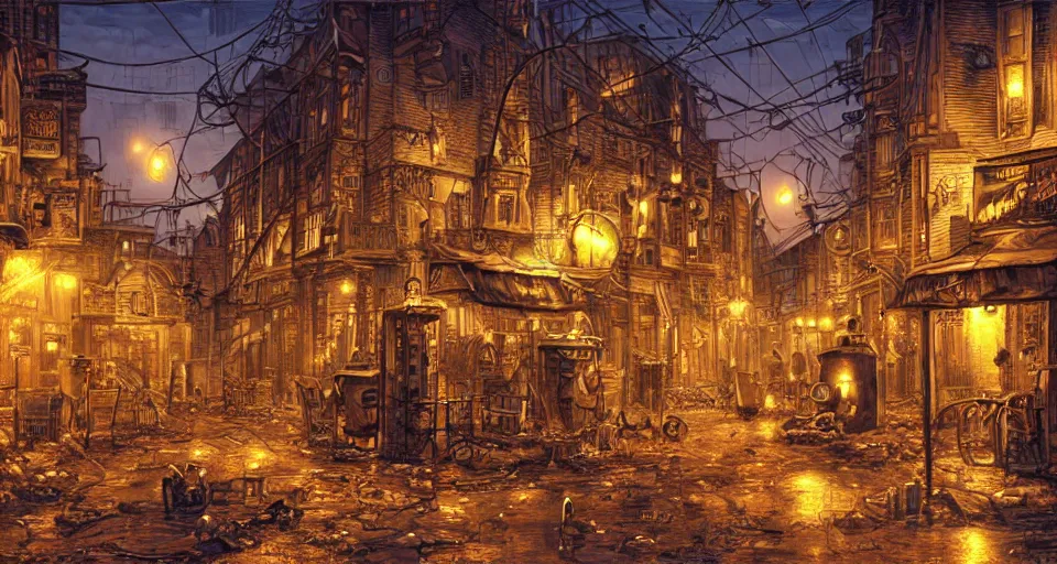 Prompt: steampunk city streets at night by guido borelli da caluso, junk everywhere, wires hanging, steam, trending on artstation