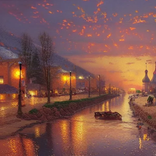 Prompt: matte painting of russian small town in the steppes by thomas kinkade