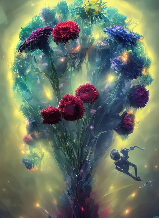 Image similar to An epic fantastic realism comic book style painting of the most beautiful entwined flowers launched across the dark galactic night sky, nebulous bouquets, fisheye lens, unreal 5, DAZ, hyperrealistic, octane render, dynamic lighting