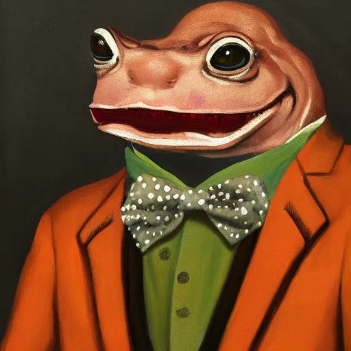 Image similar to Portrait of a psychotic crossbreed between a rabid dog and a toad, in a purple suit, oil painting