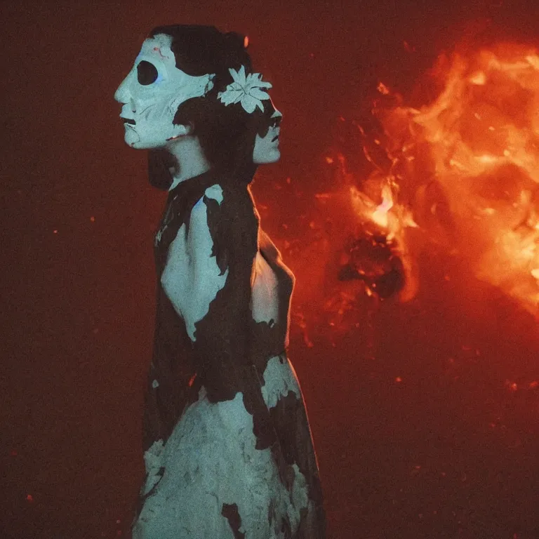 Prompt: The full body shot of beautiful pale woman with many flowers and full-face black mask with glowing halo, a thick black smoke in rocky desert landscape, glowing eyes, falling star on the background, burning earth by Christopher Doyle, Gaspar Noe, Tarkovsky, Alejandro Jodorowsky, anamorphic lens, cinematic composition, award winning photo, 8k