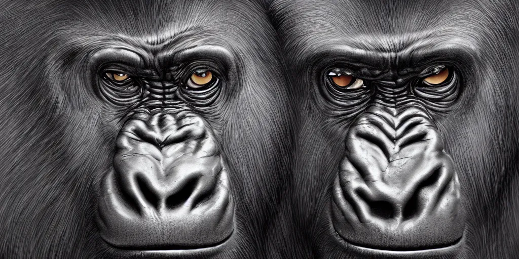 Prompt: a highly detailed head portrait of gorilla horse hybrid morph, ominous, foreboding, dark, trending on artstation,