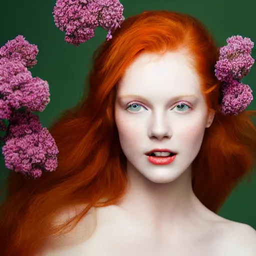 Image similar to !dream Fine art photo of the most beautiful woman, she is redhead, she is posing while maintain a sweet eye contact to the camera, she has a crown of flowers, she has perfect white teeths, the photo was taking by Annie Leibovitz, matte painting, oil painting, naturalism