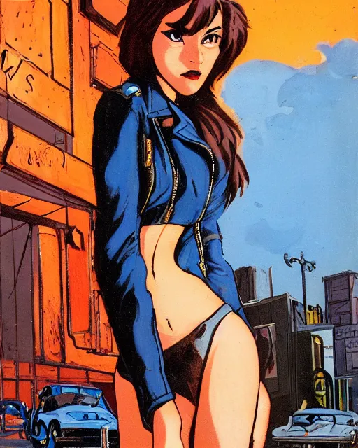 Image similar to young female protagonist in leather jacket, city street, artwork by ralph bakshi