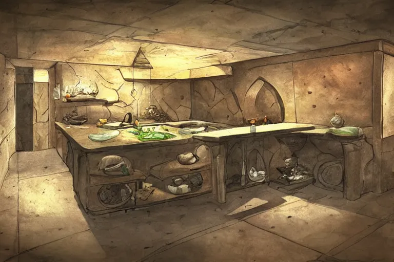 Image similar to underwater kitchen island, dungeons and dragons concept art