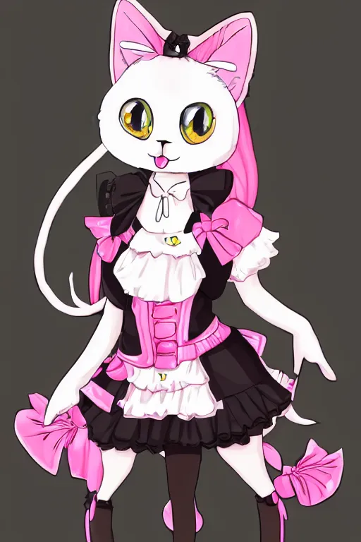 Image similar to Anime anthro cat with black fur, pink hair, and pink eyes in Gothic Lolita maid costume wearing small top hat in the style of Artstation