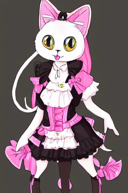 Prompt: Anime anthro cat with black fur, pink hair, and pink eyes in Gothic Lolita maid costume wearing small top hat in the style of Artstation