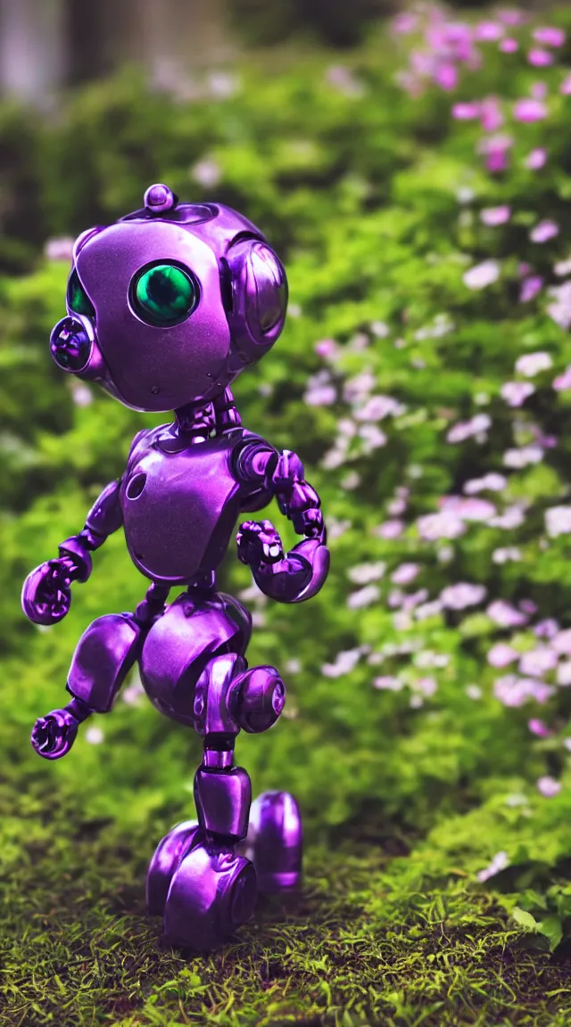 Prompt: small toy robot in a garden, hyper detailed, sharp focus, bokeh, unreal engine, ray tracing, cute, fantasy, sci fi, purple lights, tiny, small