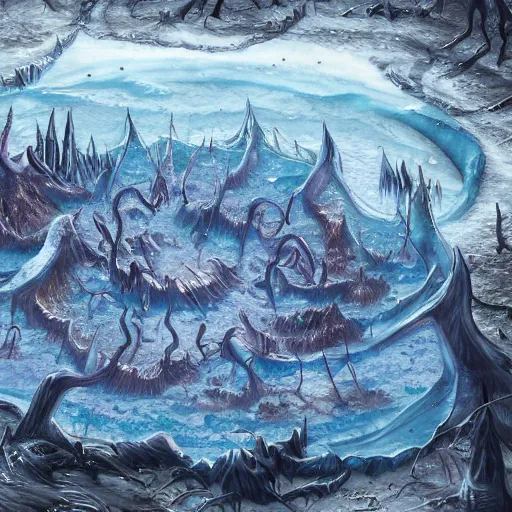 Image similar to a d & d map of a frozen lake with monsters beneath the ice, high quality digital art, gridless, vivid, blue tones, oil painting, trending on arstation, oil painting