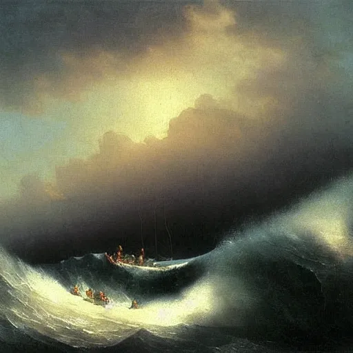 Prompt: the drawing depicts a huge wave about to crash down on three small boats. the boats are filled with people, and they all look terrified. catholicpunk by ivan aivazovsky curvaceous, ornamented