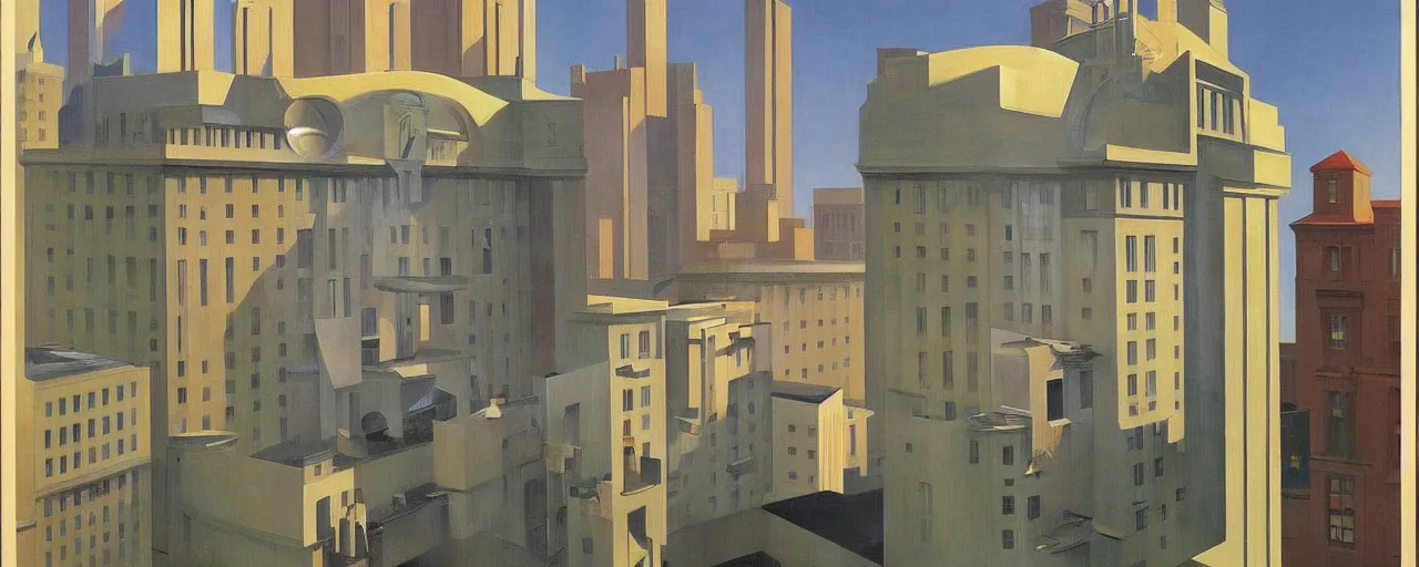 Image similar to hotel in a futuristic city, dada, edward hopper, rene magritte, highly detailed