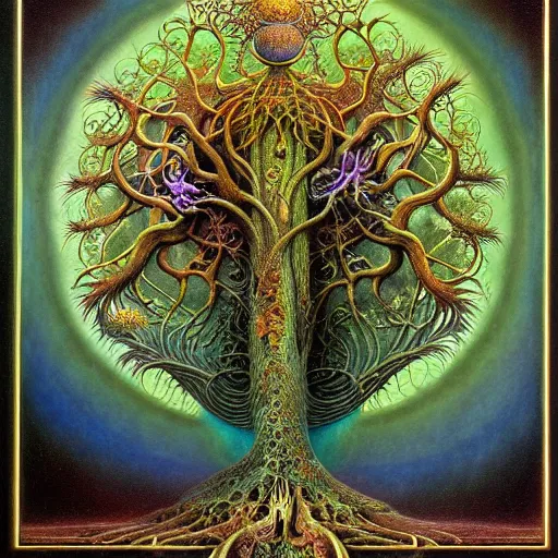 Image similar to divine chaos engine by roger dean and andrew ferez, tree of life, symbolist, visionary, detailed, realistic, surreality, art forms of nature by ernst haeckel, deep rich moody colors, botanical fractal structures