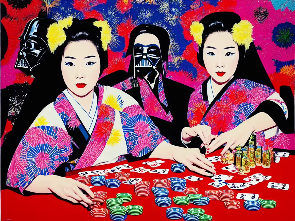 Image similar to hyperrealism composition of the detailed woman in a japanese kimono sitting at an extremely detailed poker table with darth vader, fireworks on the background, pop - art style, jacky tsai style, andy warhol style, acrylic on canvas